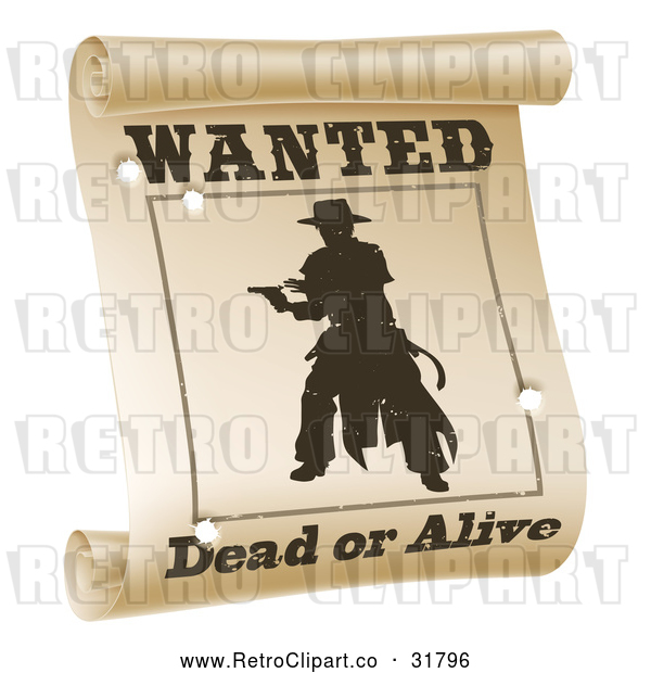 Vector Clip Art of a Retro Silhouetted Outlaw Wanted Dead or Alive Poster with Bullet Holes