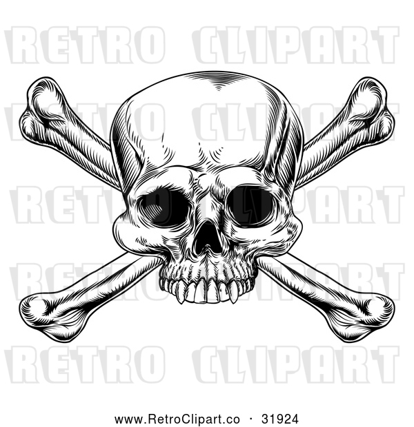 Vector Clip Art of a Retro Skull and Crossbones in Black Lineart