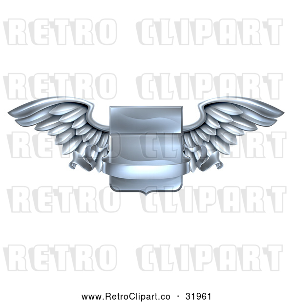 Vector Clip Art of a Retro Steel Metal Heraldic Winged Shield with a Blank Banner Ribbon