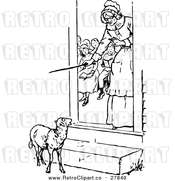 Vector Clip Art of a Retro Teacher Looking at a Lamb from Her Classroom