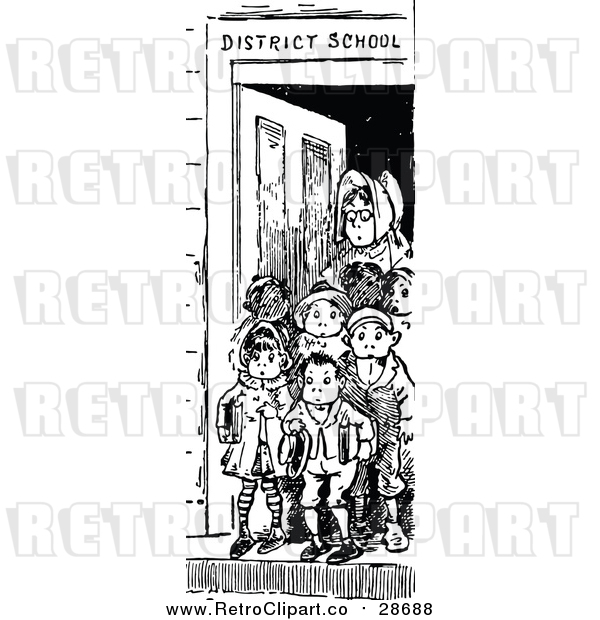Vector Clip Art of a Retro Teacher Standing with Young Student at Front Door of School