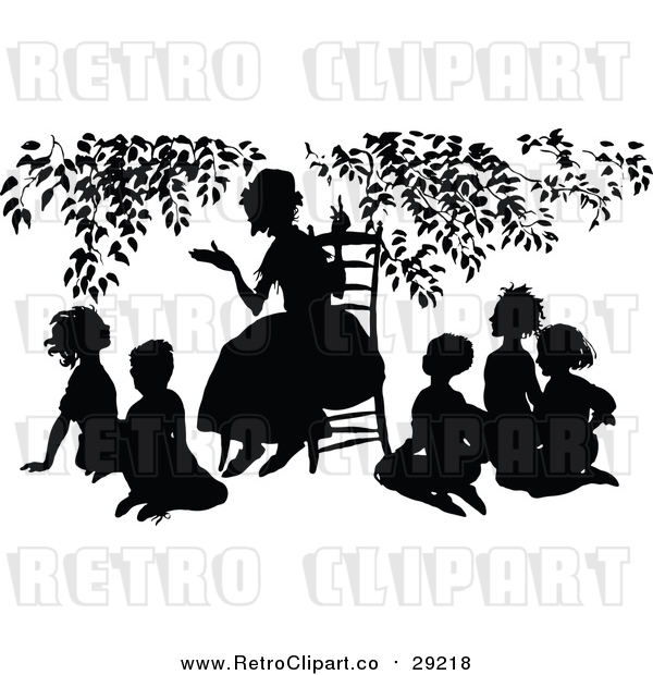 Vector Clip Art of a Retro Teacher Teacing Students Under a Tree