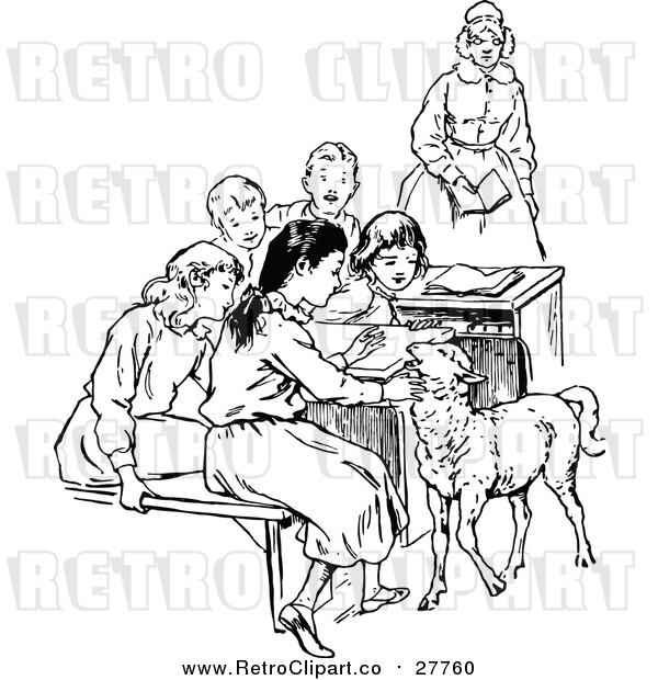 Vector Clip Art of a Retro Teacher with Students and a Lamb