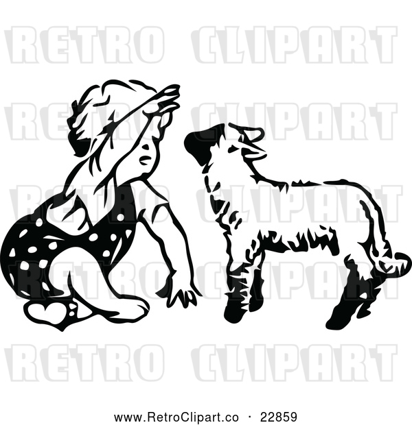 Vector Clip Art of a Retro Toddler Girl Playing with a Lamb