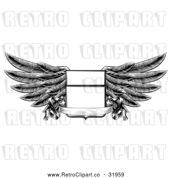 Vector Clip Art of a Retro Winged Shield Insignia with a Banner Scroll in Black and White