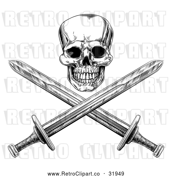 Vector Clip Art of a Ruthless Retro Human Skull Maliciously Grinning with Crisscrossed Swords