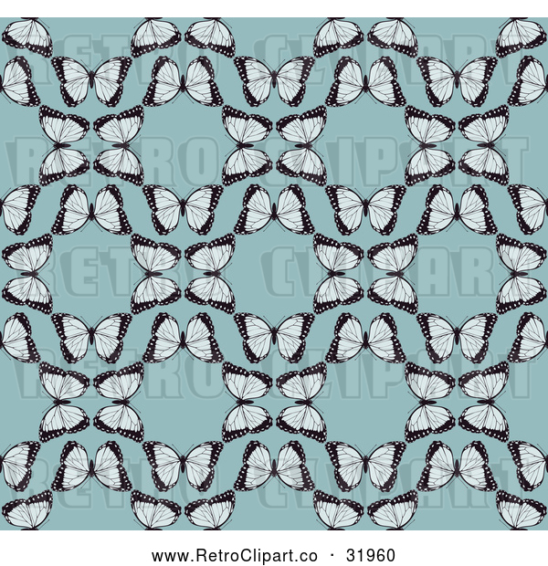 Vector Clip Art of a Seamless Retro Background Pattern of Butterflies Forming Circles over Blue