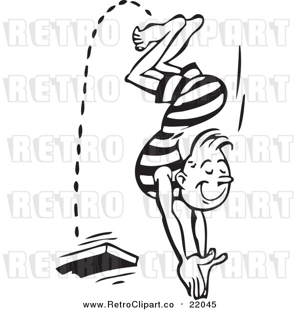 Vector Clip Art of a Smiling Retro Man Diving from Board with Eyes Closed