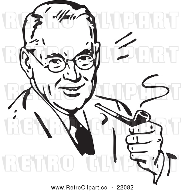 Vector Clip Art of a Smiling Retro Man Smoking a Pipe