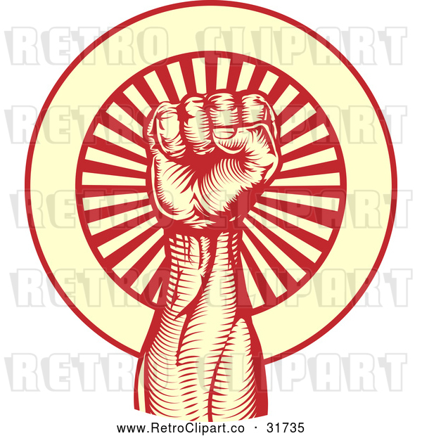 Vector Clip Art of a Stong Retro Power Fist over a Red Yellow Bursting Background