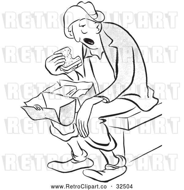 Vector Clip Art of a Tired Retro Man Eating Sandwich for Lunch
