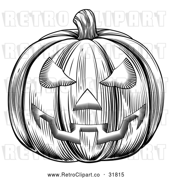 Vector Clip Art of a Traditionally Carved Retro Halloween Jackolantern Pumpkin - Black and White Version
