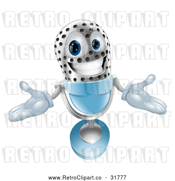 Vector Clip Art of a Welcoming Retro 3d Silver and Blue Microphone Mascot