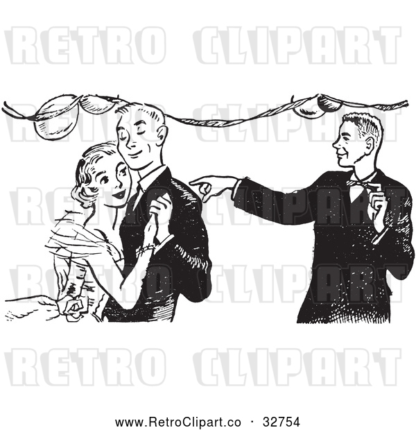 Vector Clip Art of a Young Retro Man Pointing at Happy Dancing Couple