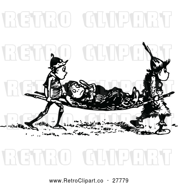 Vector Clip Art of an Injured Retro Boy Being Carried on a Stretcher