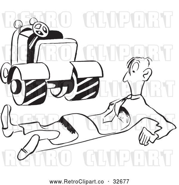 Vector Clip Art of an Injured Retro Worker Beside Roller Machine on Wheels