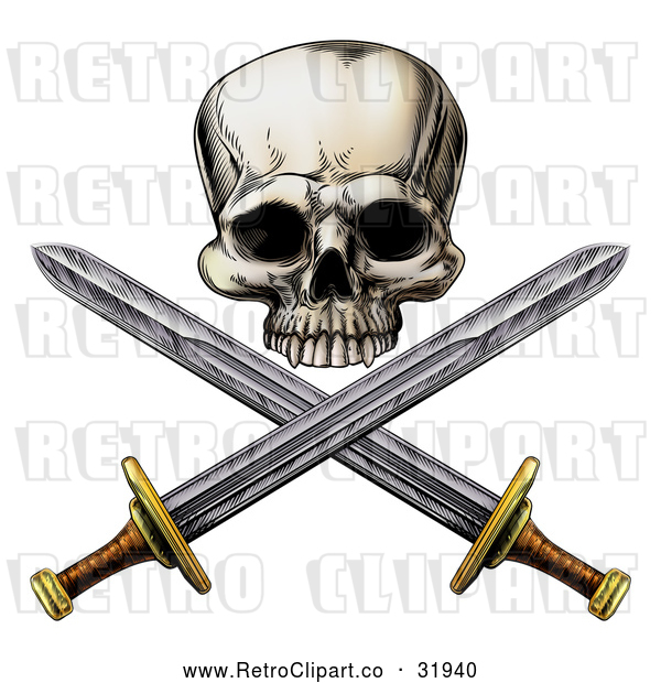 Vector Clip Art of an Intimidating Retro Pirate Skull and Cross Swords
