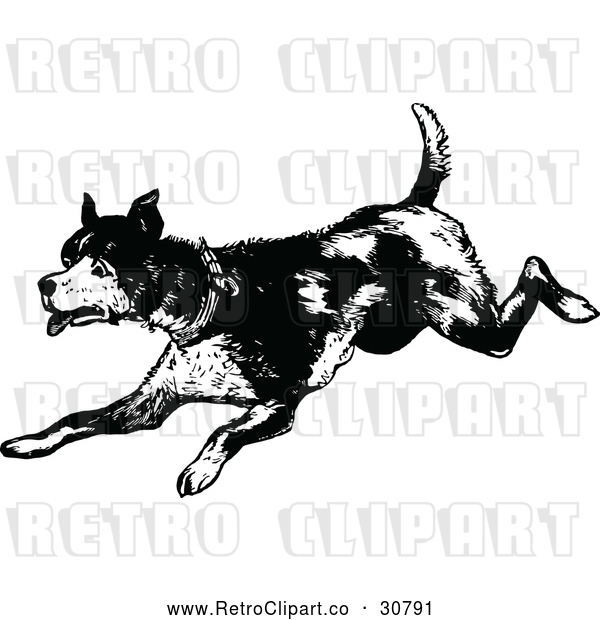 Vector Clip Art of an Old Retro Dog Running Playfully in Black and White