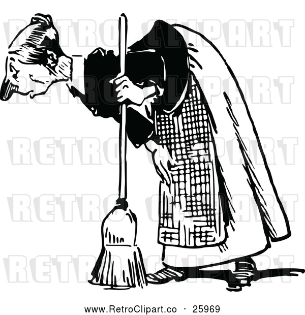 Vector Clip Art of an Old Retro Maid Bending over with a Broom