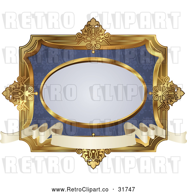 Vector Clip Art of an Ornate Retro Blue and Gold Frame