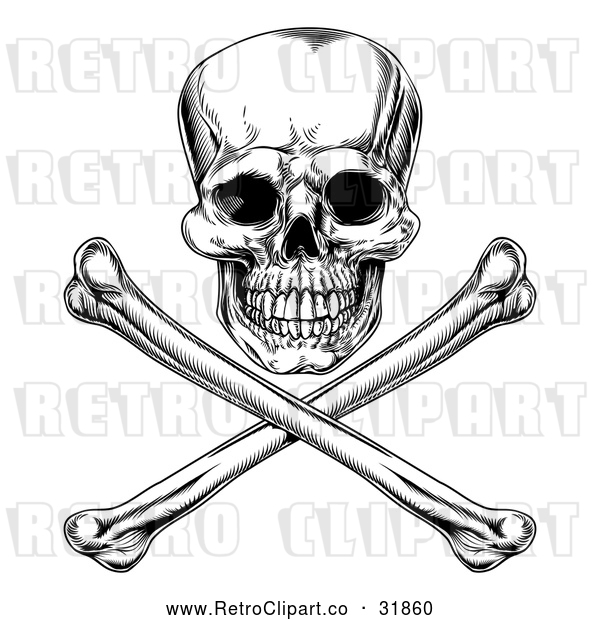 Vector Clip Art of an Unforgiving Retro Jolly Roger Skull Above Crossbones in Black and White