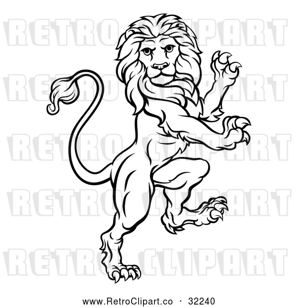 Vector Clip Art of an Unstoppable Retro Rampant Lion in Black Lineart