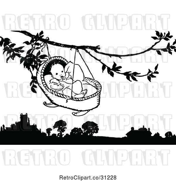 Vector Clip Art of Baby in a Cradle Hanging from a Tree