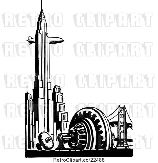 Vector Clip Art of Blimp and Chrysler Building in New York City
