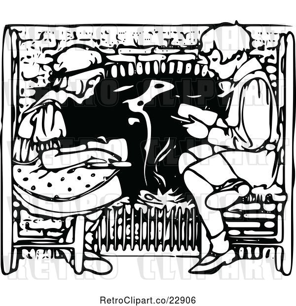 Vector Clip Art of Boy and Girl Reading by a Fireplace