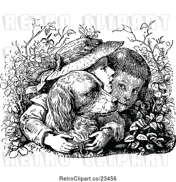 Vector Clip Art of Boy and Girl with Their Dog in the Bushes