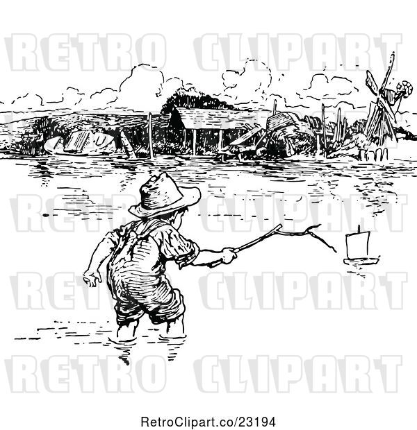 Vector Clip Art of Boy Reaching out for a Toy Boat in a Flooded River