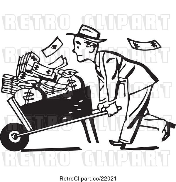 Vector Clip Art of Business Man Pushing a Wheel Barrow of Cash to the Left