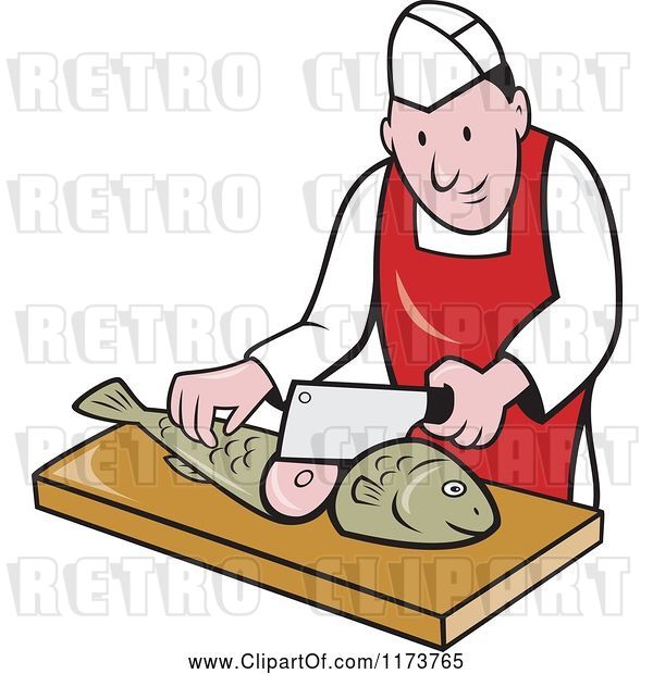Vector Clip Art of Cartoon Retro Fishmonger Sushi Chef Chopping a Fish