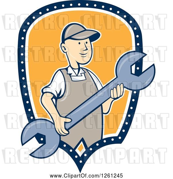 Vector Clip Art of Cartoon Retro Guy Holding a Spanner Wrench in a Blue White and Yellow Shield