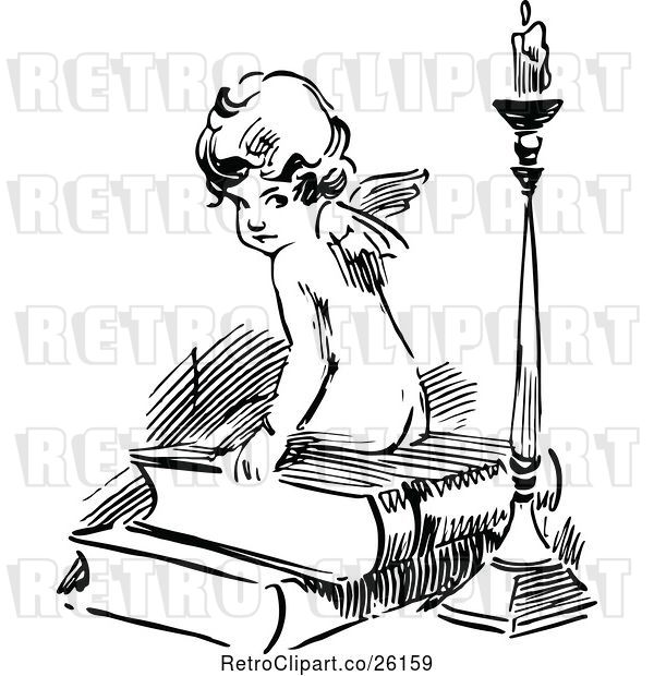 Vector Clip Art of Cherub Sitting on Books by a Candle