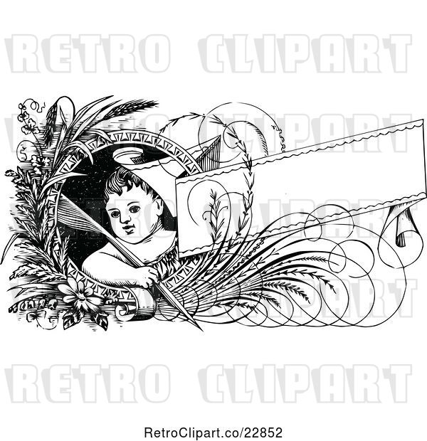 Vector Clip Art of Child with a Quill Pen Flowers and Banner