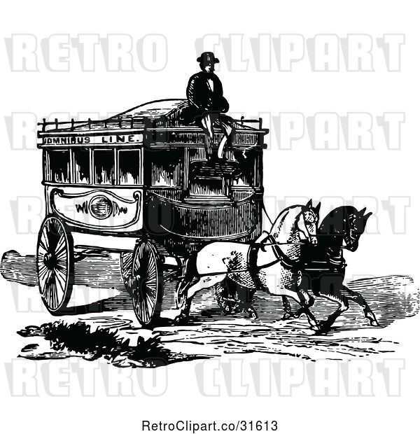 Vector Clip Art of Coachman and Horse Drawn Omnibus Wagon