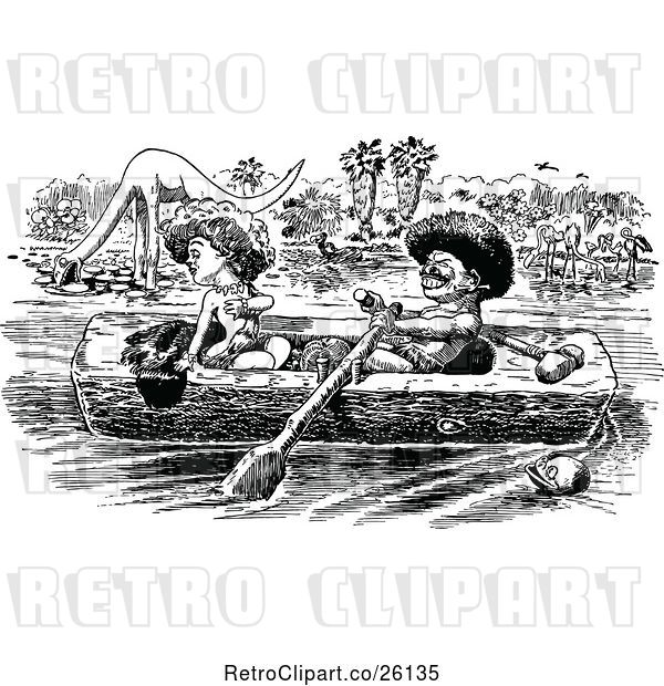 Vector Clip Art of Couple in a Log Canoe, with Dinosaurs