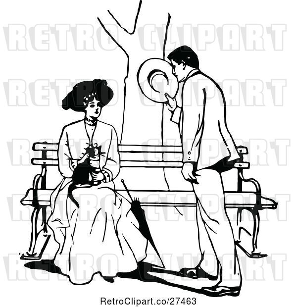 Vector Clip Art of Courting Couple with a Cat at a Bench