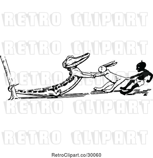Vector Clip Art of Crocodile Tugging Against a Rabbit and Boy