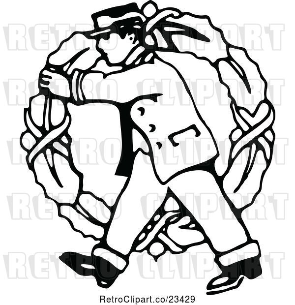 Vector Clip Art of Delivery Guy Carrying a Large Christmas Wreath