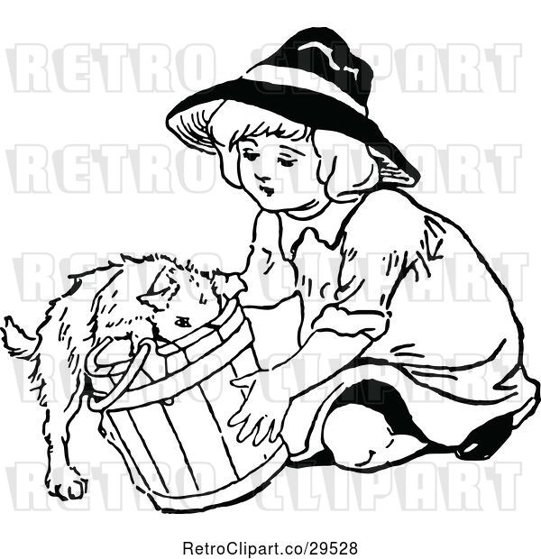 Vector Clip Art of Girl and Puppy in a Bucket