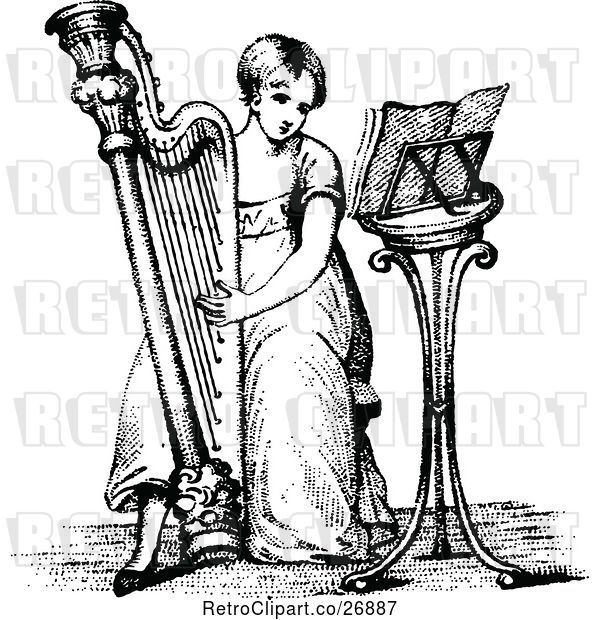Vector Clip Art of Girl Playing a Harp