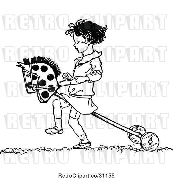 Vector Clip Art of Girl Playing with a Hobby Horse