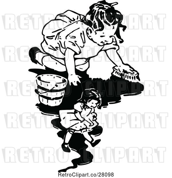 Vector Clip Art of Girl Scrubbing the Floor by Her Doll