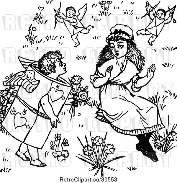 Vector Clip Art of Girl Surrounded by Valentine Cherubs