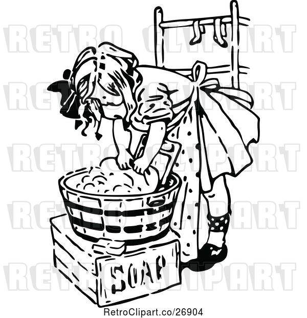 Vector Clip Art of Girl Washing Laundry by Prawny Vintage - #26904