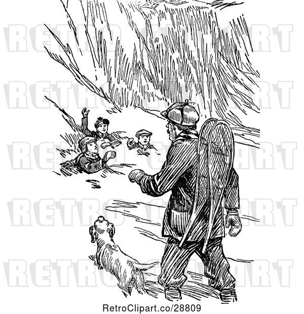 Vector Clip Art of Guy and Dog Helping Boys Caught in an Avalanche