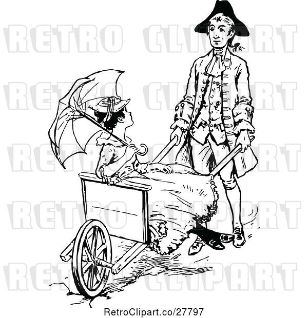 Vector Clip Art of Guy Pushing a Lady in a Rickshaw