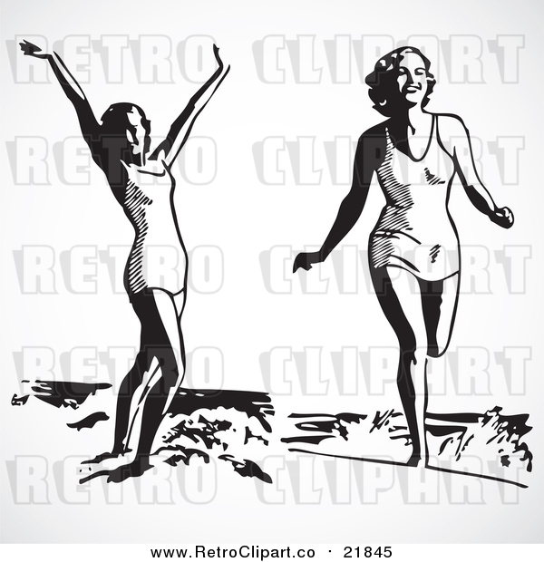 Vector Clip Art of Happy Retro Women on a Beach